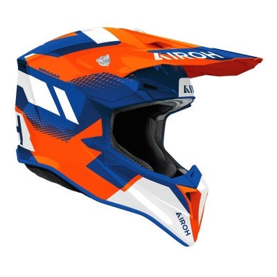 Capacete de motocross azul, laranja e branco com forro acolchoado e texto AIROH