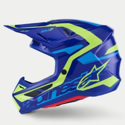 Capacete integral motocross azul com detalhes verdes e texto SM7