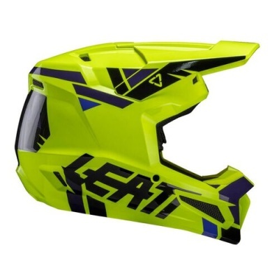 Capacete integral amarelo fluorescente com visor transparente e texto LEATT na lateral