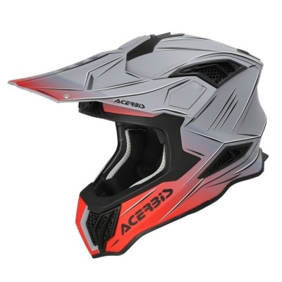 Capacete off-road Acerbis cinza, preto e vermelho com texto ACERBIS