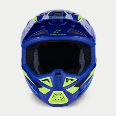 Capacete integral azul com detalhes verdes fluorescentes e logótipo amarelo