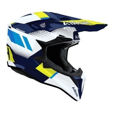 Capacete de motocross azul, branco e amarelo com texto AIROH e WRAAAP