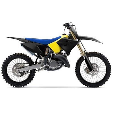 Motocross preto com banco azul e painel amarelo, pneus de cravos, suspensão dourada