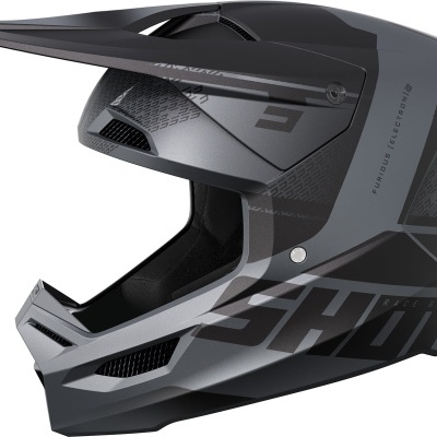 Capacete integral para motocross cinzento e preto com textos SHOT e FUSION ELECTRONICS