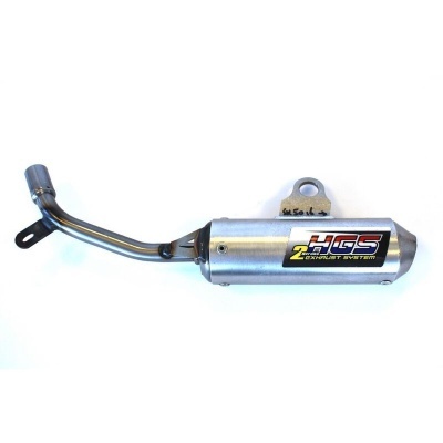 Escape de motocicleta em metal prateado com etiqueta HGS EXHAUST SYSTEM