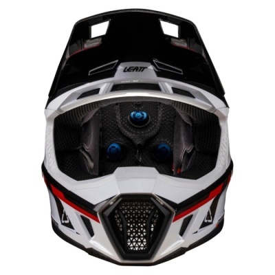 Capacete integral Leatt branco com detalhes em preto e vermelho e interior acolchoado