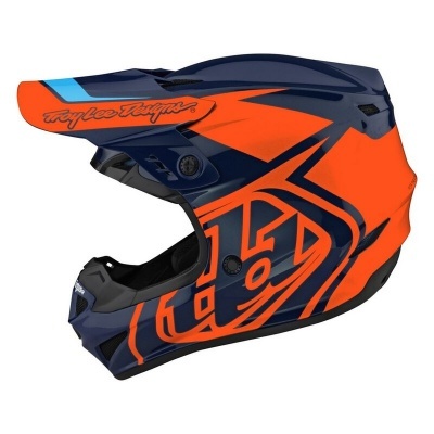 Capacete integral azul escuro e laranja com texto 'triple triple'