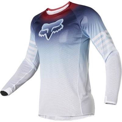 Camisola desportiva manga comprida vermelho, azul e branco com logotipo de raposa.