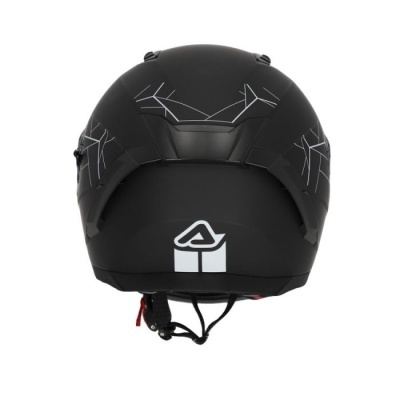 Capacete preto com desenhos geométricos cinzentos e logotipo branco na parte traseira