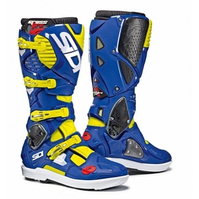 Botas de motocross azuis, amarelas e pretas com fivelas e logotipo SIDI