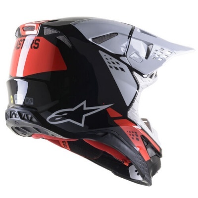 Capacete integral motocross preto, vermelho e cinzento com viseira e logo branco