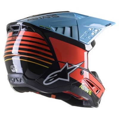 Capacete integral de motocross colorido com visor azul claro e detalhes em vermelho, preto e laranja
