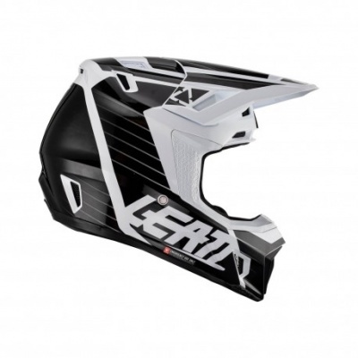 Capacete integral motocross preto e branco com texto LEATT na lateral