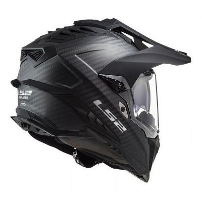 Capacete preto LS2 com viseira transparente e textura de fibra de carbono