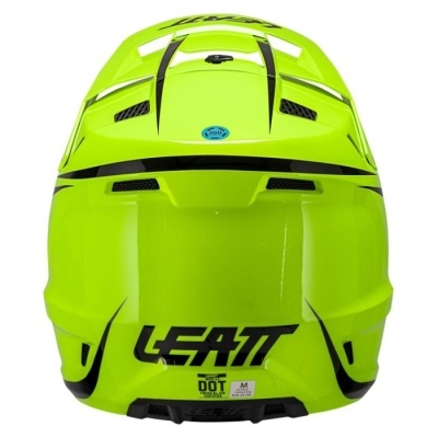 Capacete verde fluorescente com texto LEATT e selo DOT