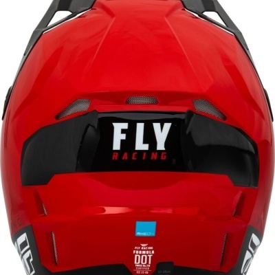 Capacete integral vermelho e preto com texto 'FLY RACING' na parte traseira e selo DOT