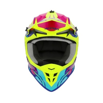 Capacete de motocross amarelo, azul, rosa e preto com texto ACERBIS