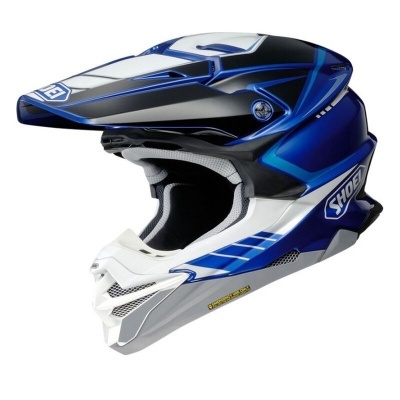 Capacete motocross SHOEI azul, preto, branco e cinza