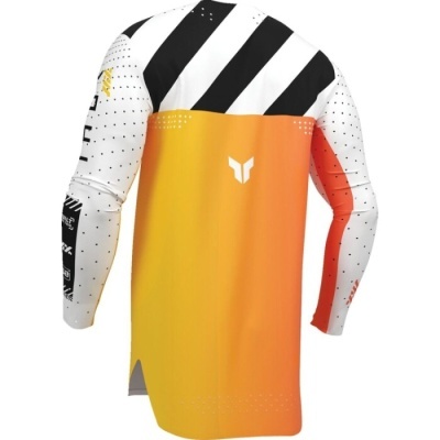 Camisola desportiva de manga comprida com padrão laranja, branco e preto