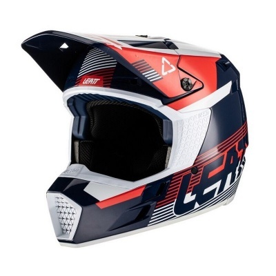 Capacete de motocross Leatt com design azul, vermelho e branco