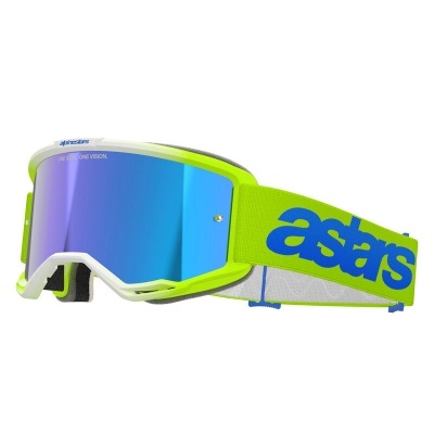 Óculos de proteção desportiva verde néon com lente azul refletora e fita branca com texto azul.