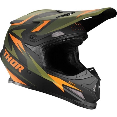 Capacete integral para motocross preto, verde e laranja com texto 'THOR' e 'SECTOR'.