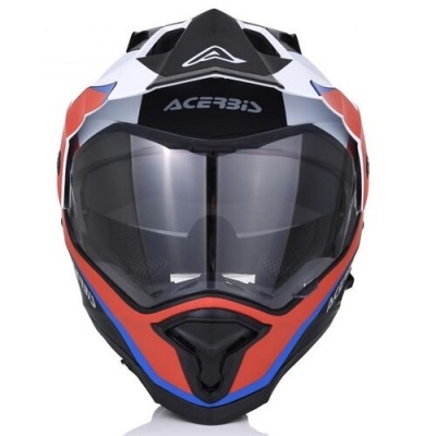 Capacete integral Acerbis preto, branco, vermelho e azul com visor escuro
