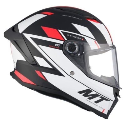 Capacete integral preto, branco e vermelho com viseira transparente e texto STINGER, QRS e MT