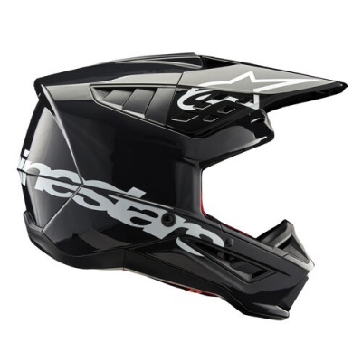 capacete integral motocross preto com texto alpinestars e logotipo branco