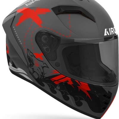 Capacete integral cinzento escuro com padrão vermelho e preto e visor fumado