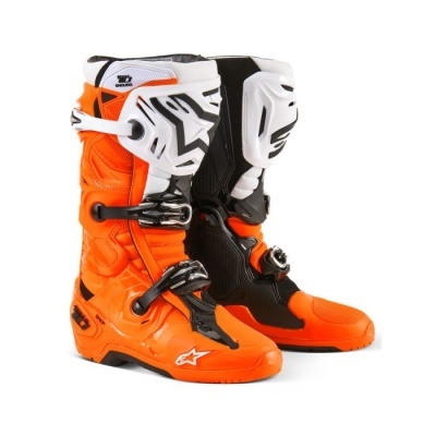 Botas de motocross laranja, preto e branco com fechos e logotipo de estrela