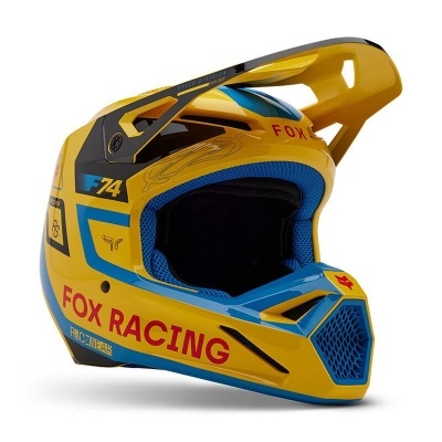 Capacete integral amarelo com detalhes azuis e vermelhos FOX RACING