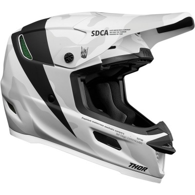 Capacete motocross branco com padrão cinzento e detalhes pretos