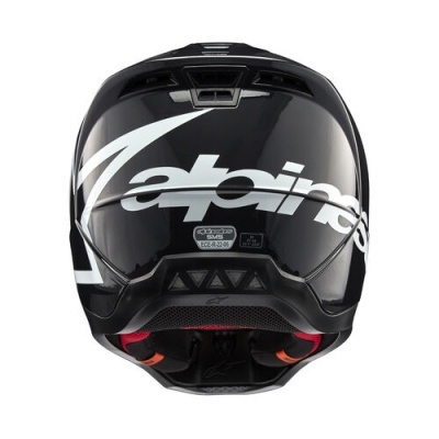 Capacete preto e branco da Alpinestars visto de trás
