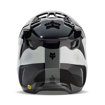 Capacete integral preto e branco com logotipos FOX e etiqueta MIPS