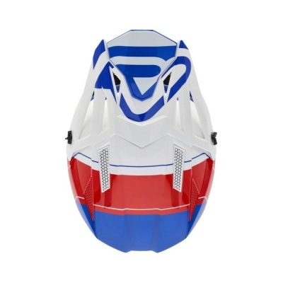 Capacete de motocross branco, azul e vermelho com ventilação