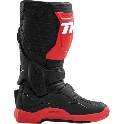 Bota preta e vermelha de motocross com proteção e detalhes em branco