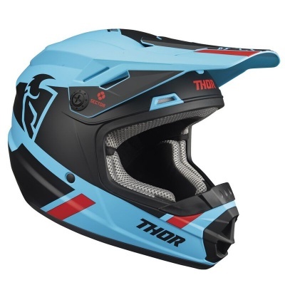 capacete motocross THOR azul, preto e vermelho com viseira e forro acolchoado