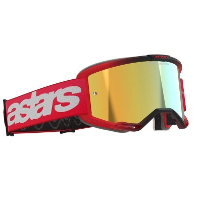 Óculos de proteção vermelhos com lente espelhada dourada e correia vermelha com texto branco