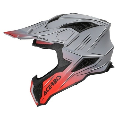 Capacete motocross cinza com detalhes vermelhos e texto ACERBIS