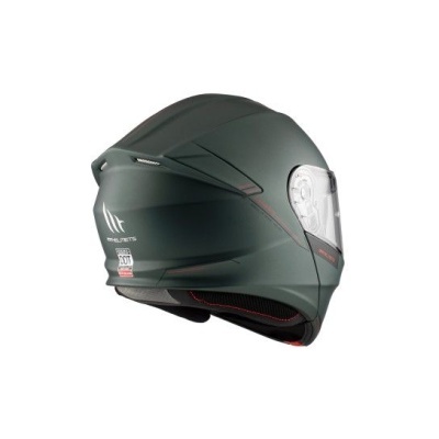 Capacete integral verde escuro com viseira transparente e detalhes vermelhos