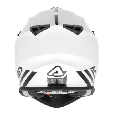 Capacete de motociclismo branco com detalhes negros visto de trás