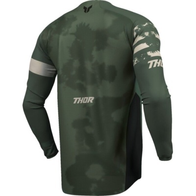 Camisola de motocross verde camuflado com texto THOR nas costas e manga