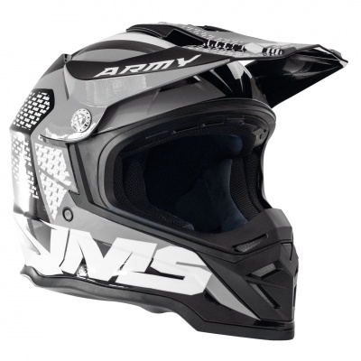 Capacete integral motocross preto com texto ARM e JMS em branco