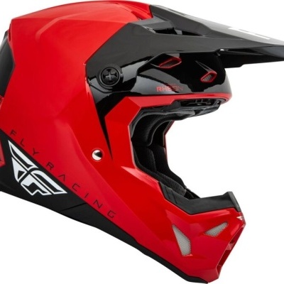 Capacete integral de motocross vermelho e preto com inscrição FLY RACING
