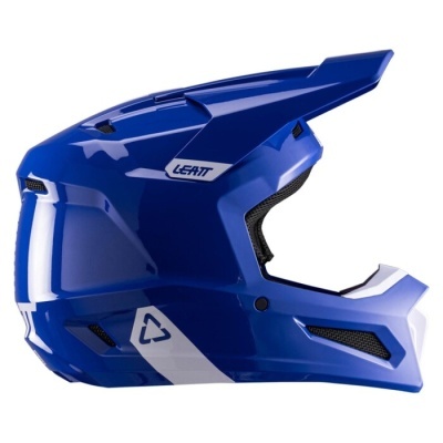 Capacete de motocross azul com texto LEATT