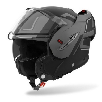 Capacete de motociclista cinzento e preto com visor transparente