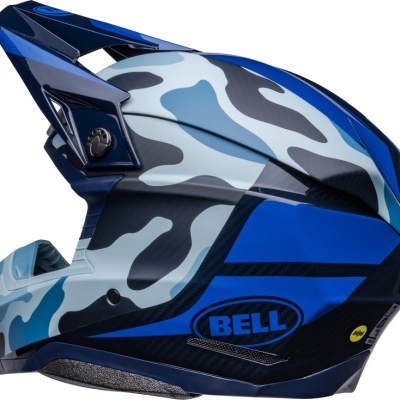 Capacete de motocross azul com padrão camuflado e viseira ajustável