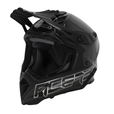 Capacete integral motocross preto com texto ACERBIS e ICER
