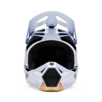 Capacete integral branco com detalhes pretos e amarelos para motociclismo